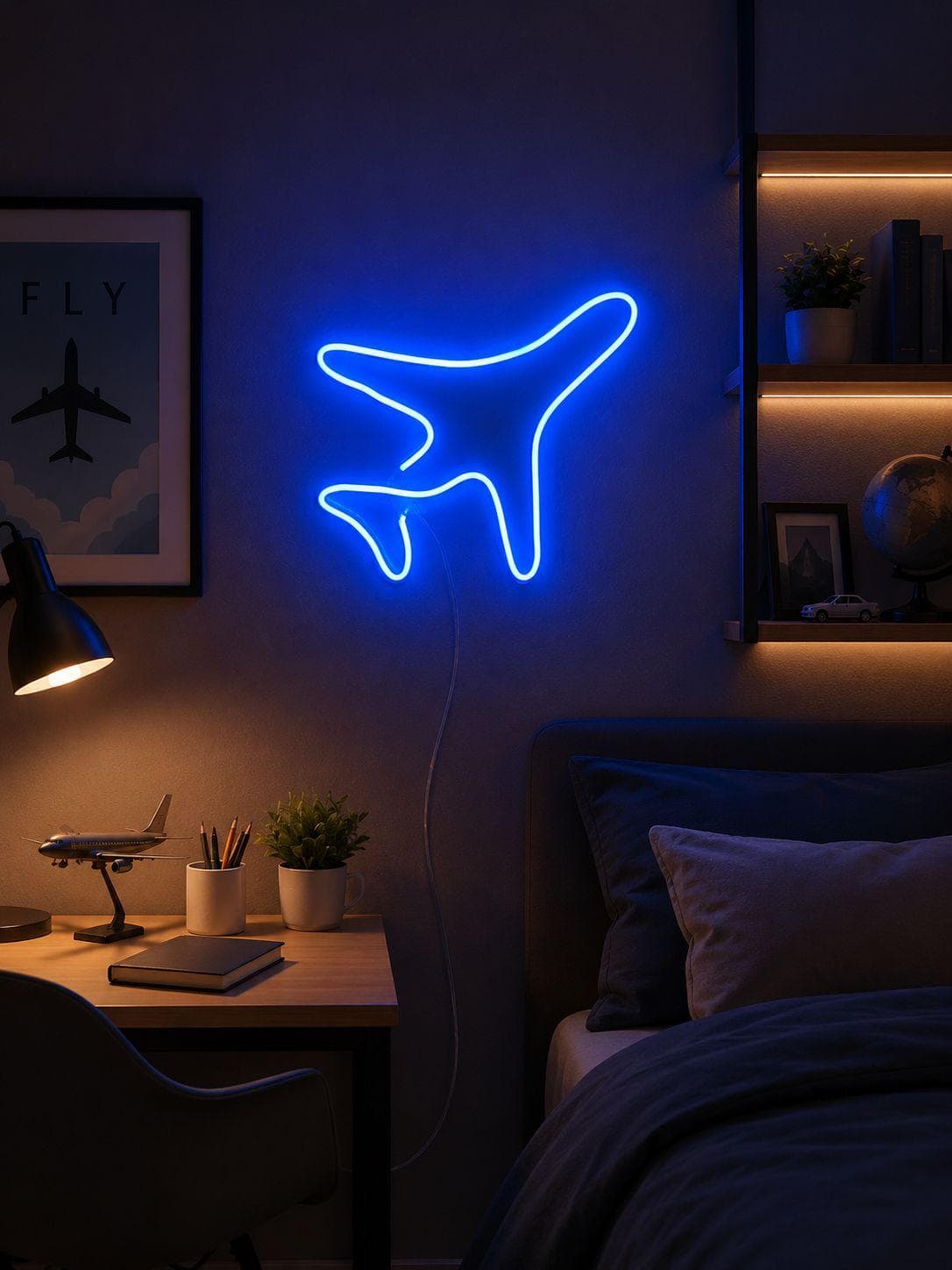 Atölyemizde üretilen uçak figürlü neon LED tablo